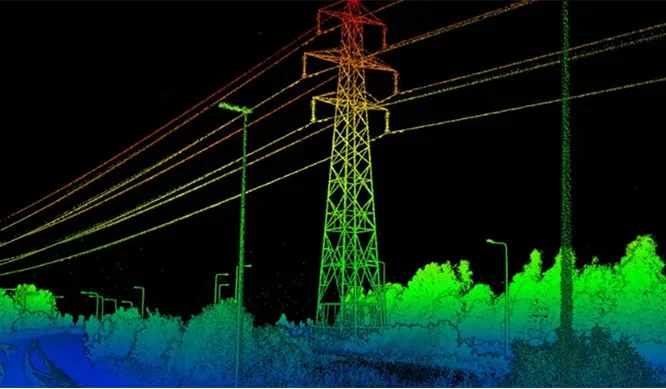 Villamos vezeték és infrastruktúra-nyomvonal LiDAR-pontfelhője