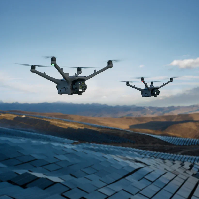 DJI Matrice 4D drónok napelemek felett repülve